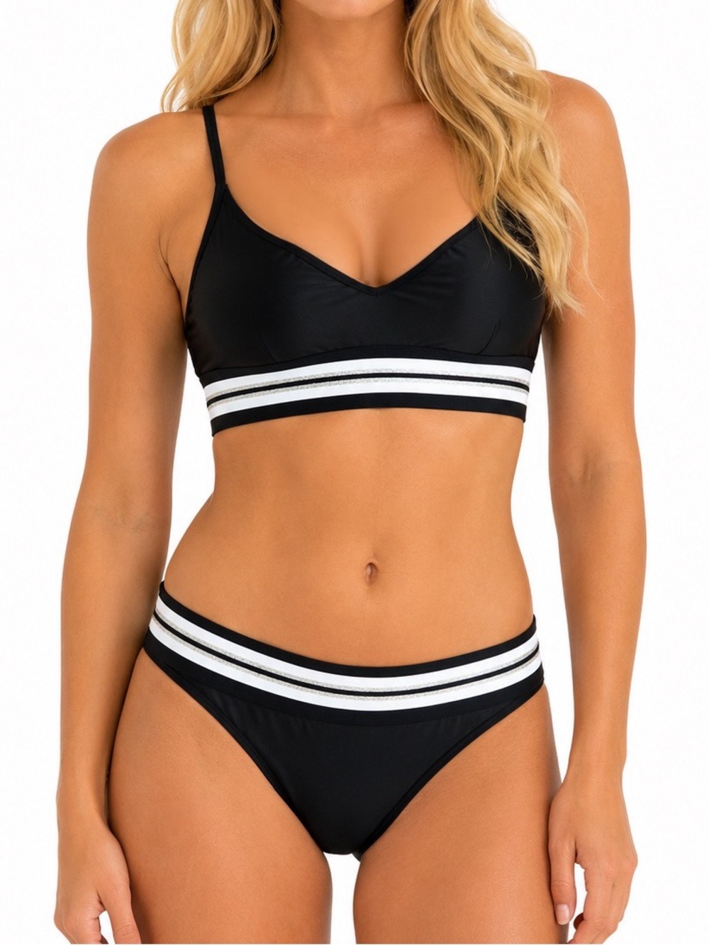 Sia Australia Metallic Stripe Bikini Set Black White Silver NWT US 10
